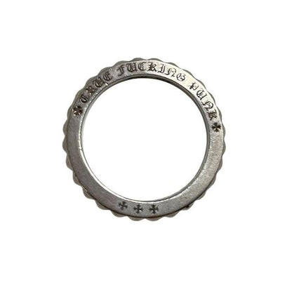 Chrome Hearts silver 3mm cross ring with engraved logo and minor scratches.