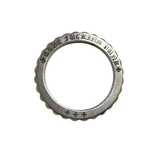 Chrome Hearts silver 3mm cross ring with engraved logo and minor scratches.