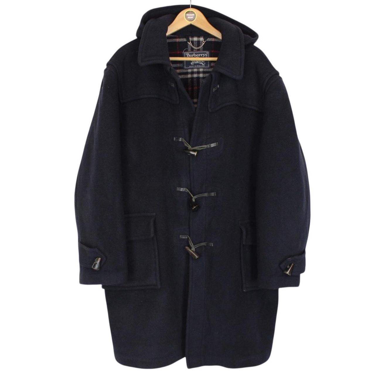 Vintage 90s Burberry Navy Blue Nova Check Wool Duffle Coat