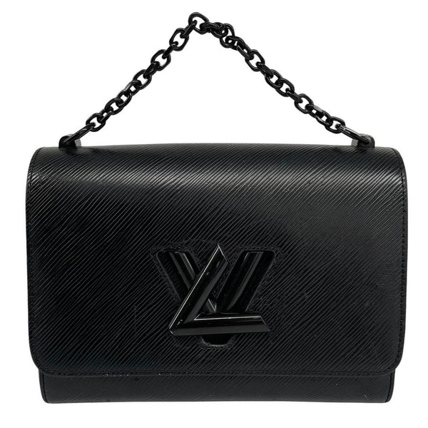 Louis Vuitton black Epi leather duffel bag with twist lock and visible wear.
