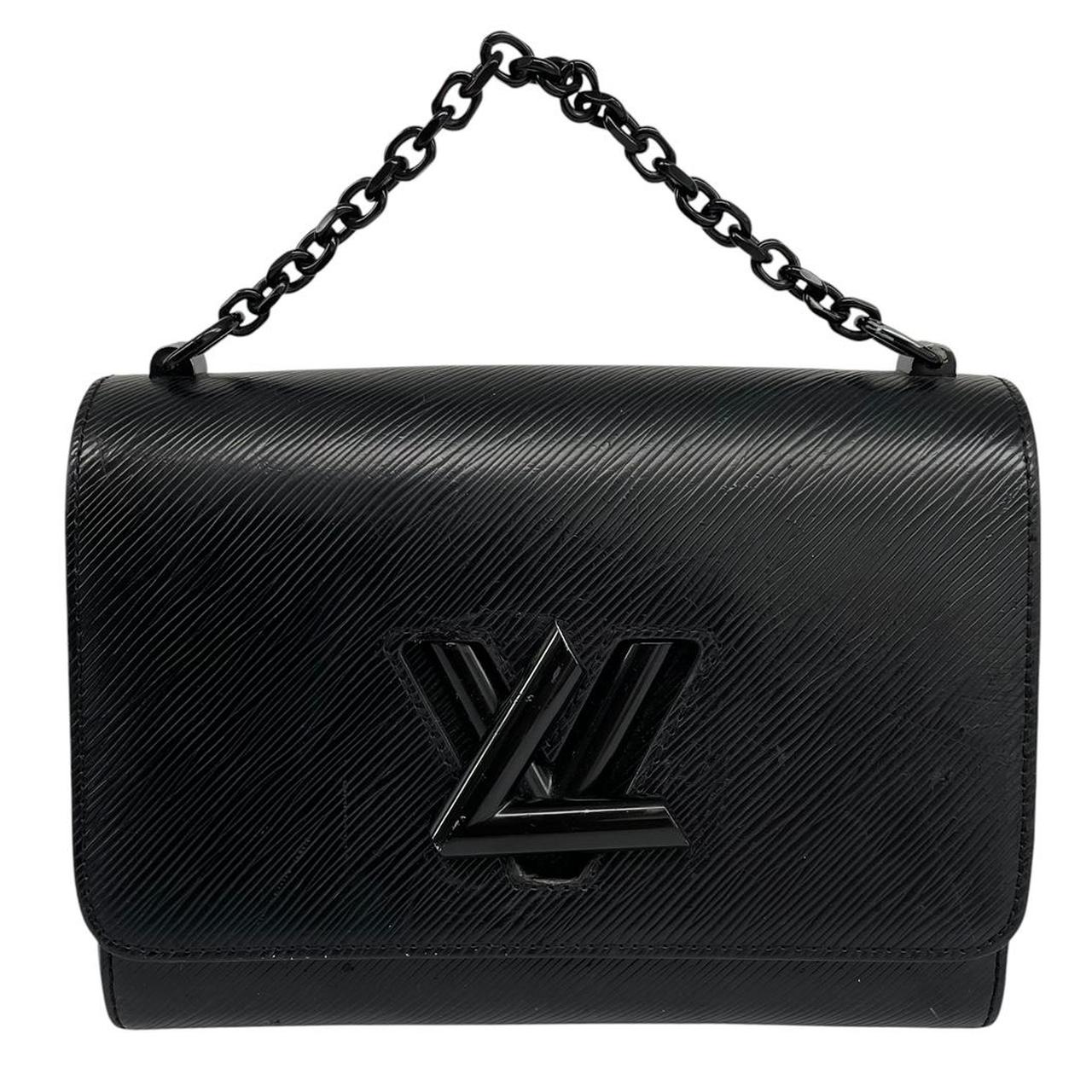 Louis Vuitton black Epi leather duffel bag with twist lock and visible wear.