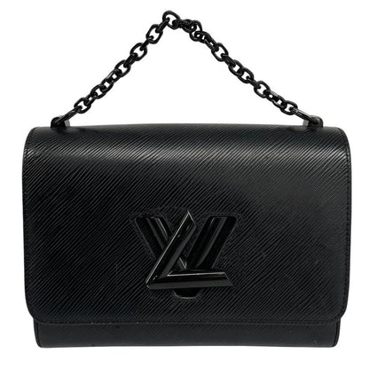 Louis Vuitton black Epi leather duffel bag with twist lock and visible wear.