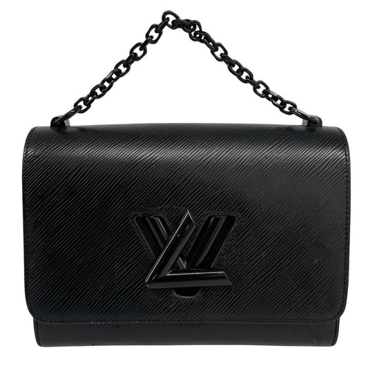 Louis Vuitton black Epi leather duffel bag with twist lock and visible wear.