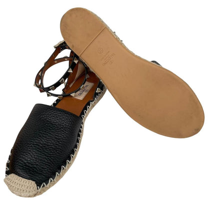 Valentino Garavani Rockstud Black and Brown Leather Espadrille Flat