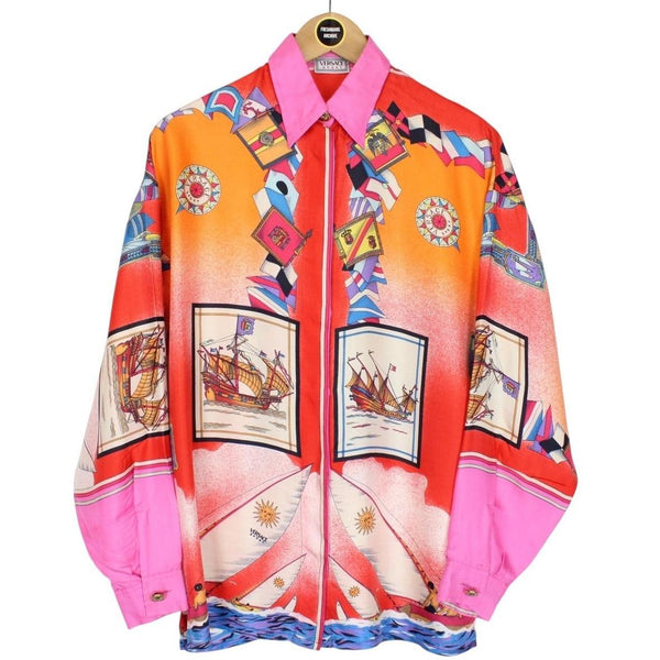 Vintage 90s Versace Sport Multicoloured Long Sleeve Ship Print Silk Shirt