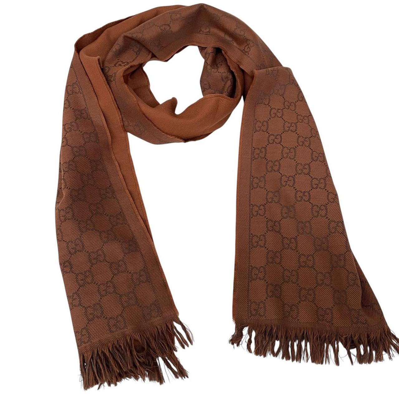 Gucci Orange and Brown GG Monogram Frayed Wool Scarf