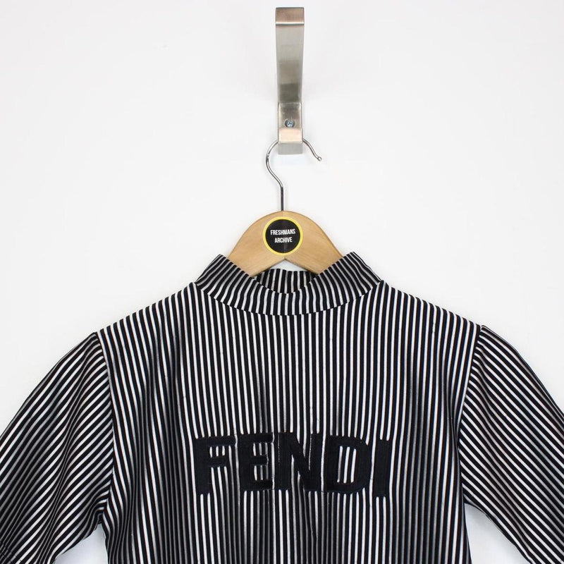 Vintage 90s Fendi Silver and Black Striped Short Sleeve Mock Neck Top