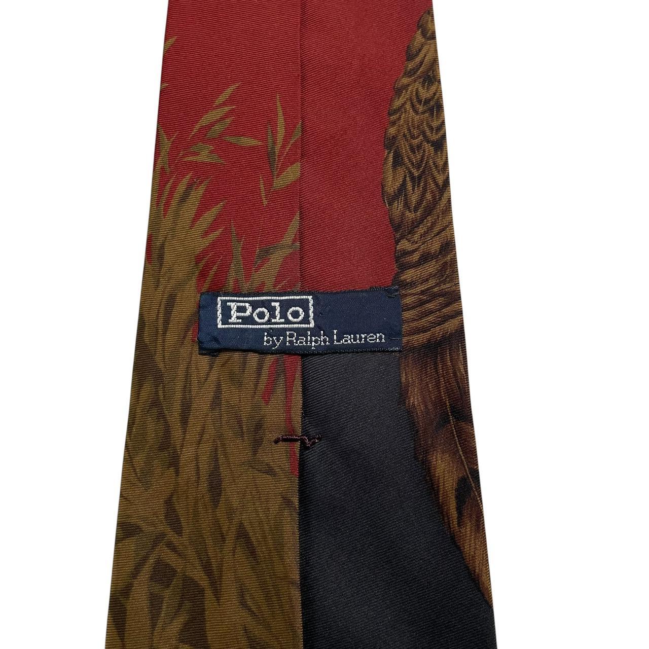 Polo Ralph Lauren burgundy silk tie with green pheasant print pattern.