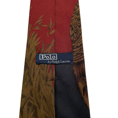 Polo Ralph Lauren burgundy silk tie with green pheasant print pattern.