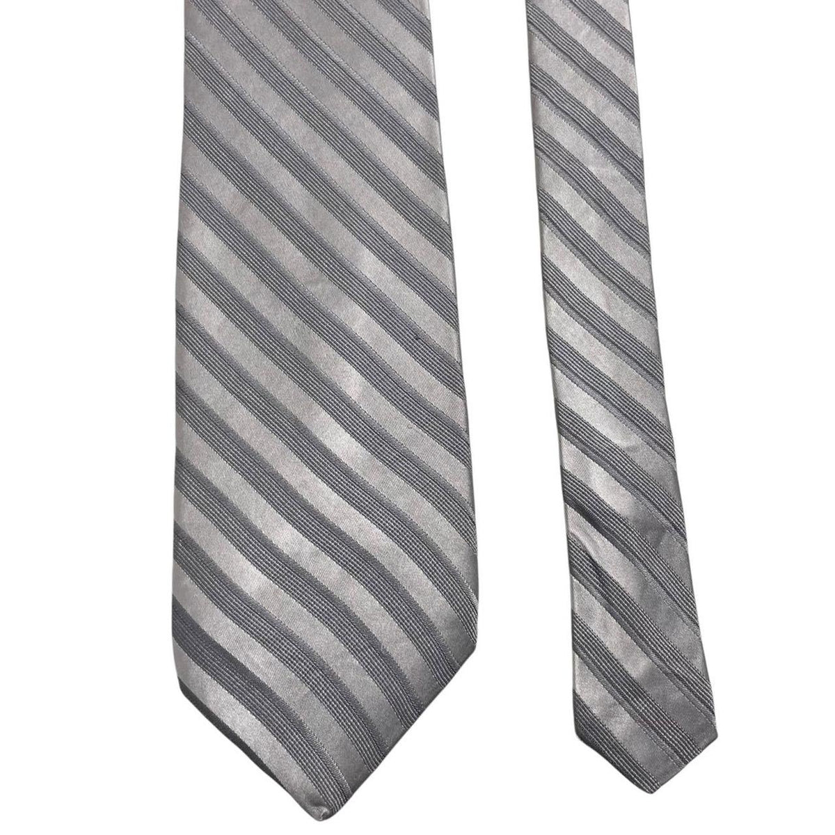 DKNY silver striped silk tie with elegant sheen and vintage design.