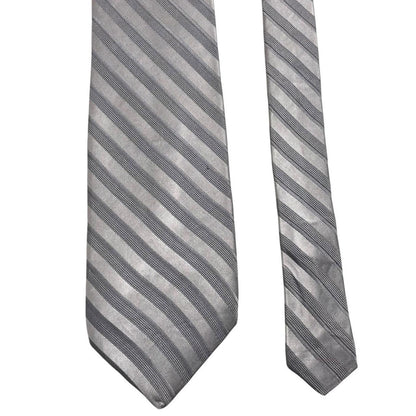 DKNY silver striped silk tie with elegant sheen and vintage design.