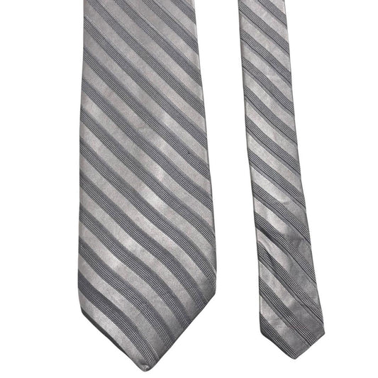 DKNY silver striped silk tie with elegant sheen and vintage design.