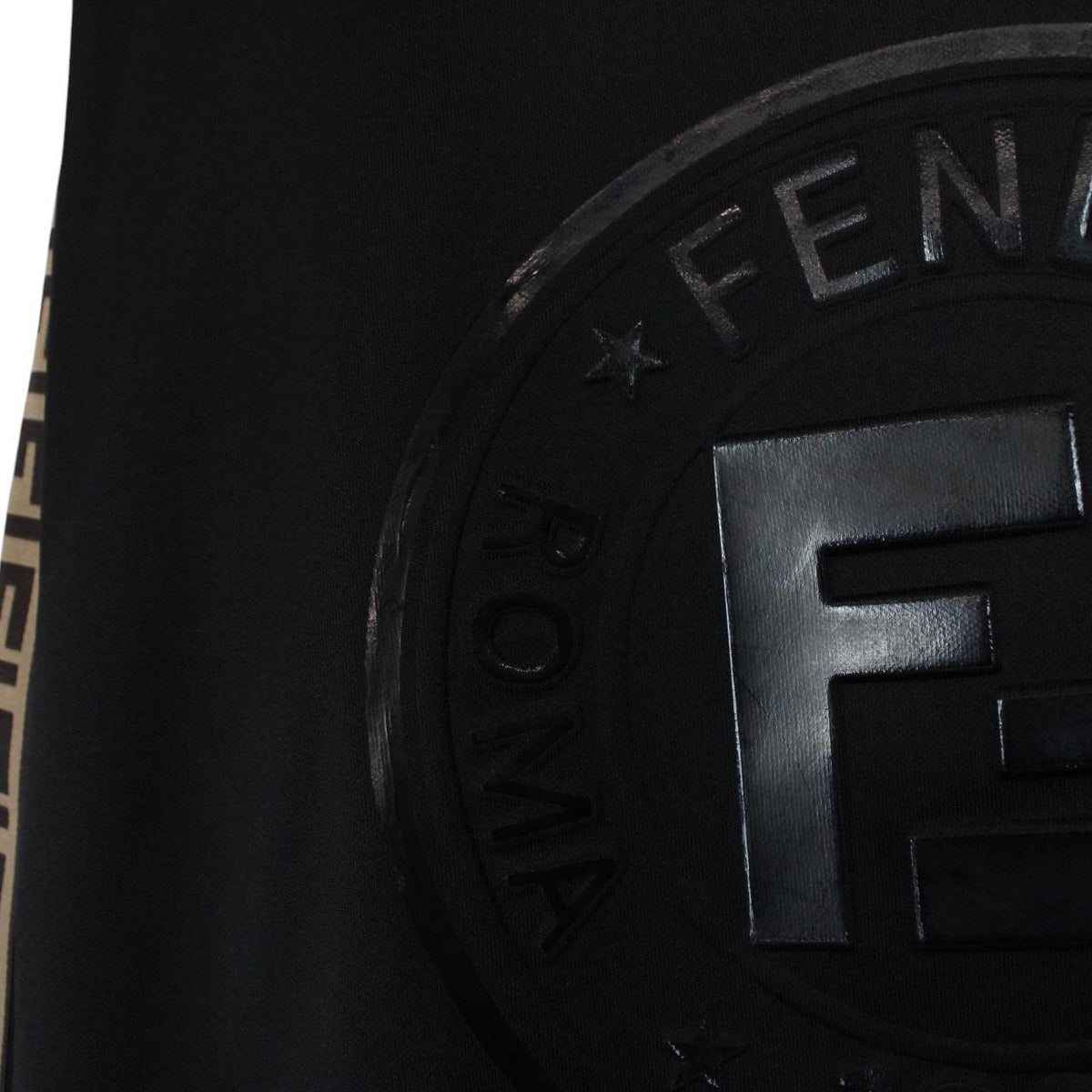 Fendi black sweatshirt featuring Zucca monogram pattern and logo print.