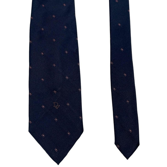 Christian Dior navy blue tie with silk blend, featuring subtle sheen and classic design.
