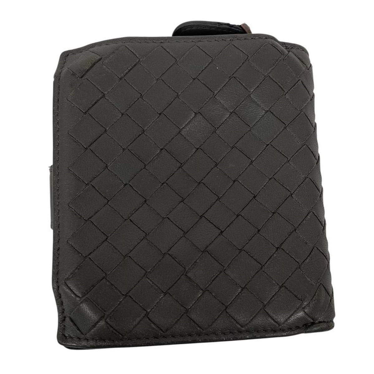 Bottega Veneta grey bifold wallet with Intrecciato woven leather pattern and popper closure.