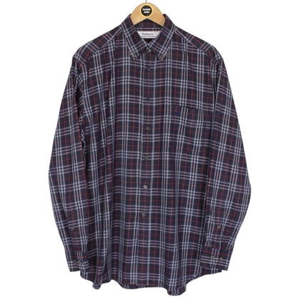 Vintage 90s Burberry Navy Blue Nova Check Long Sleeve Cotton Shirt