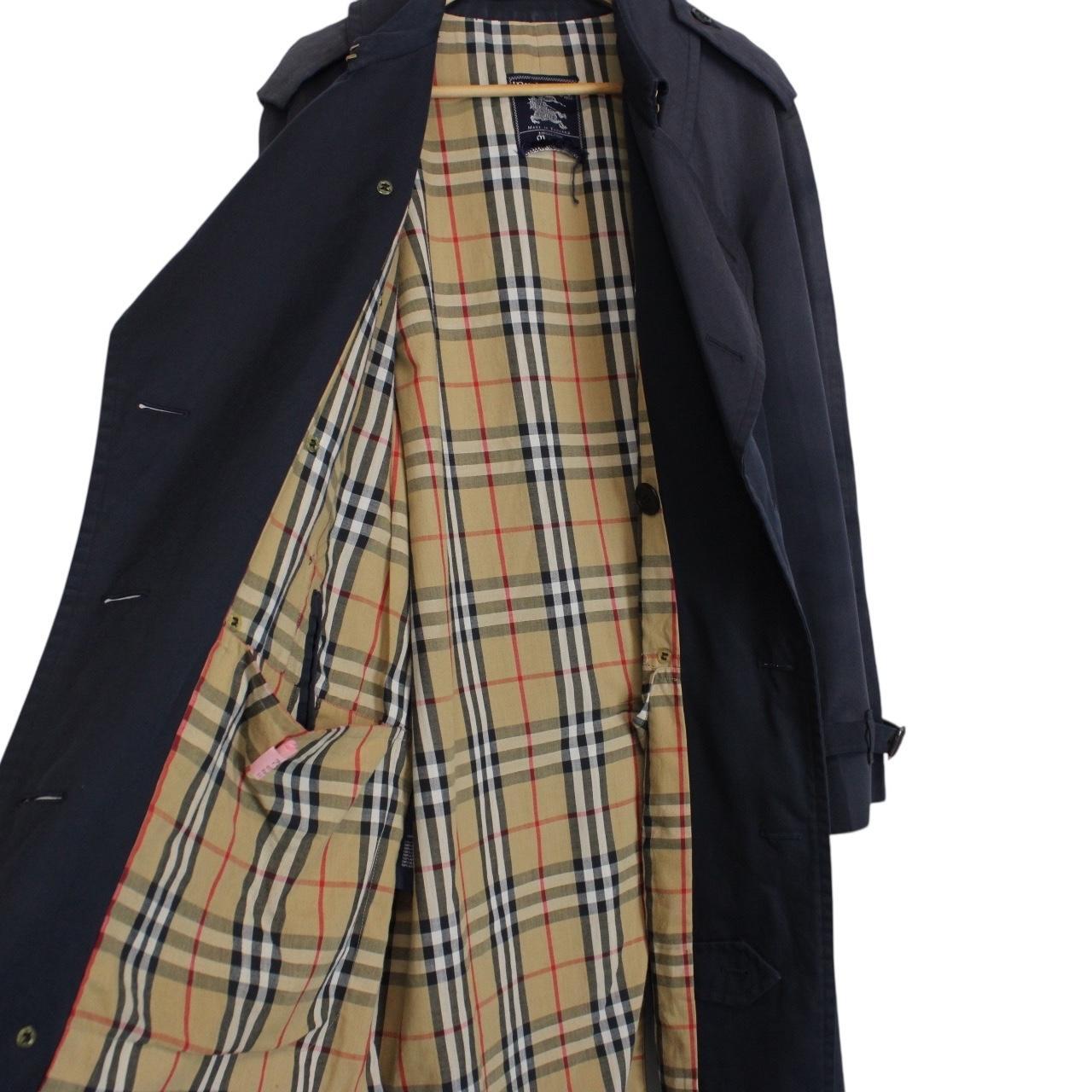 Vintage 90s Burberry Navy Blue Nova Check Double Breasted Belted Trench Coat