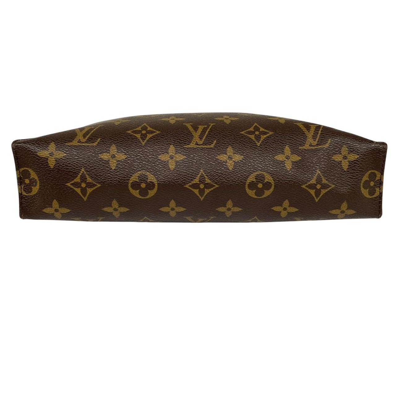 Louis Vuitton brown and tan monogram toiletry pouch with white logo details.