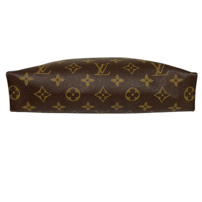 Louis Vuitton brown and tan monogram toiletry pouch with white logo details.