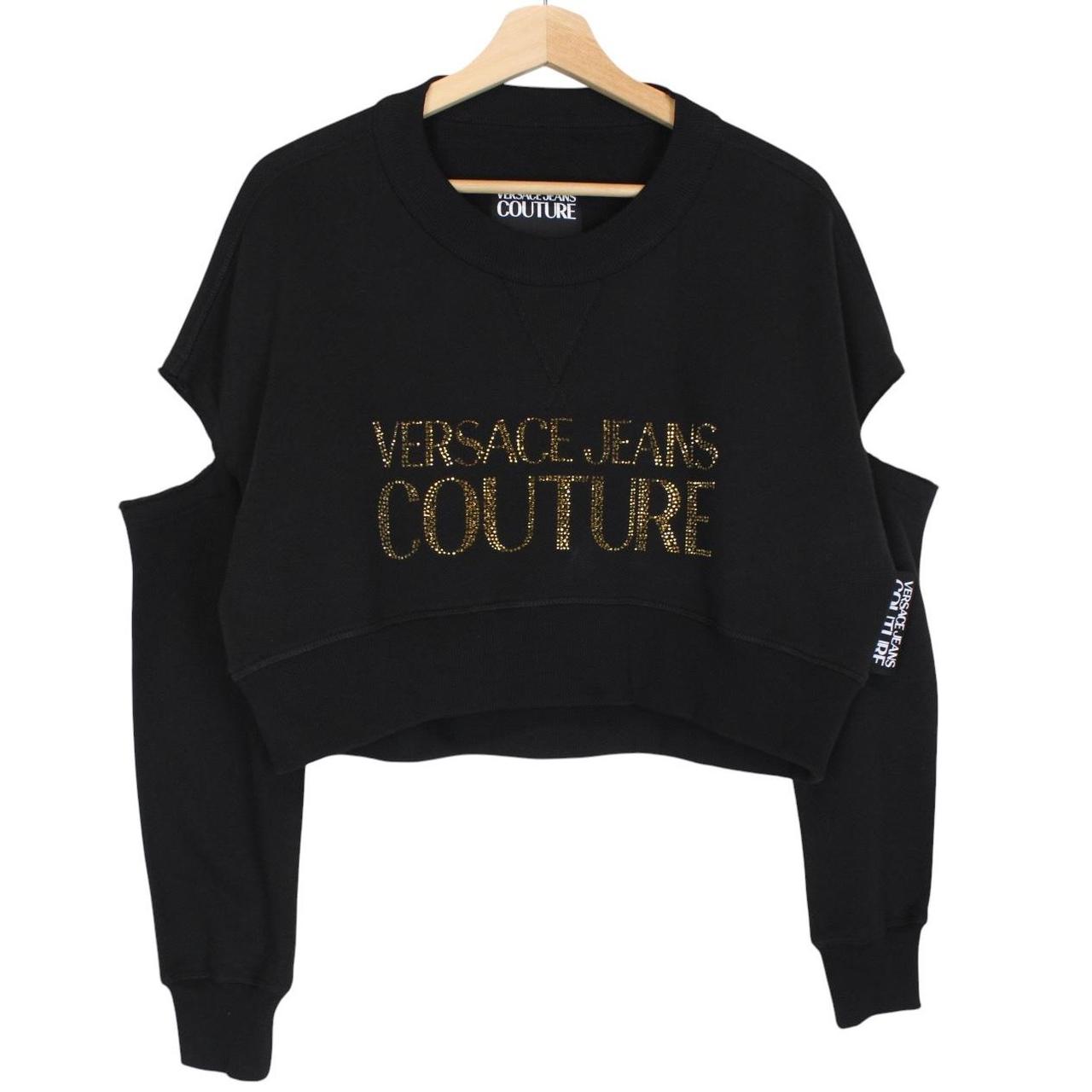 Versace Jeans Couture Black Rhinestone Logo Cropped Cotton Sweatshirt