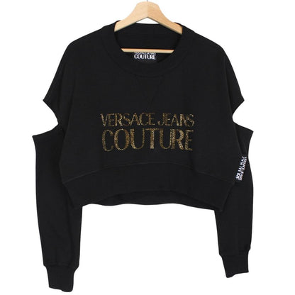 Versace Jeans Couture Black Rhinestone Logo Cropped Cotton Sweatshirt