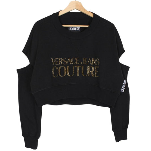 Versace Jeans Couture Black Rhinestone Logo Cropped Cotton Sweatshirt