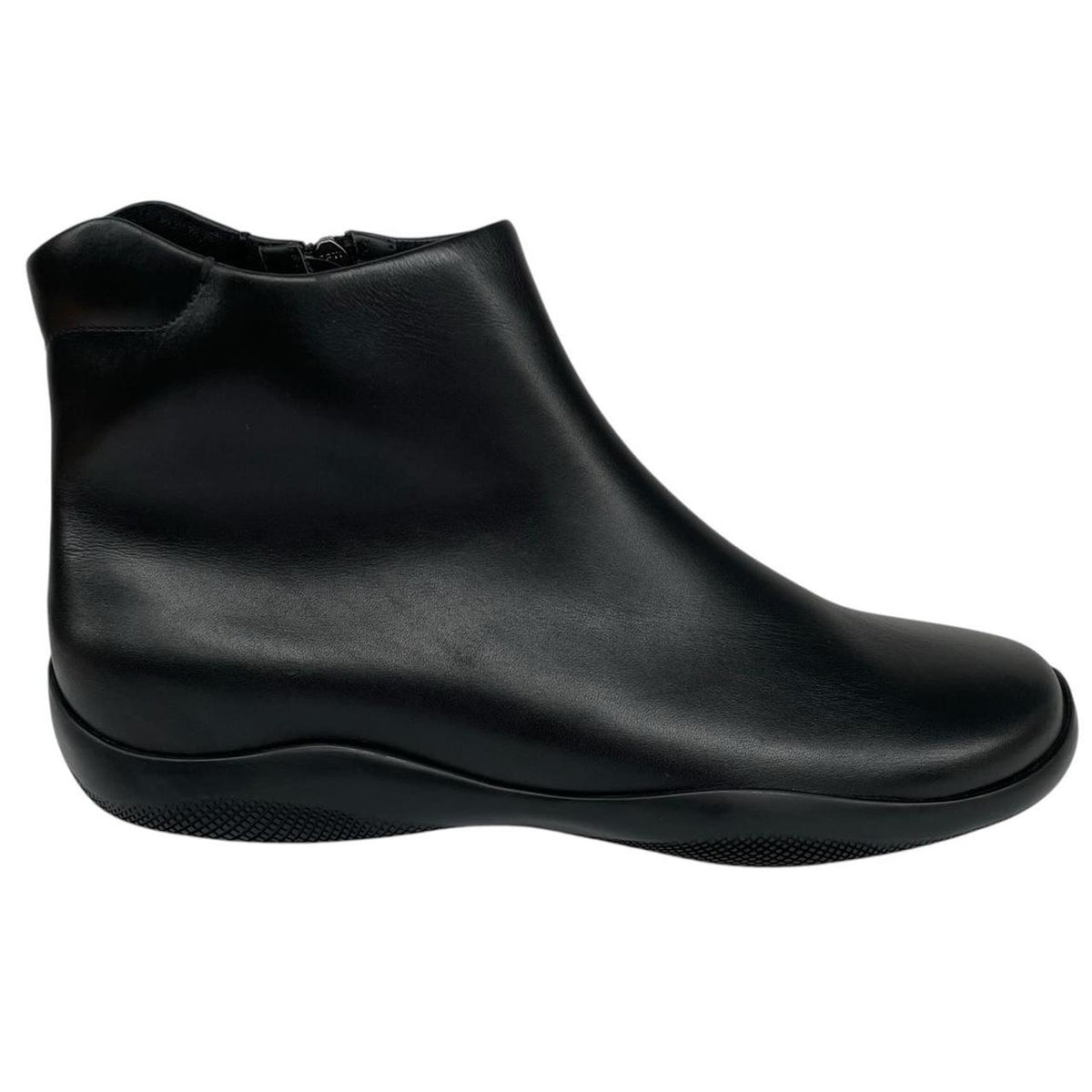 Prada black calfskin leather ankle boots with logo detail and original dust bags.
