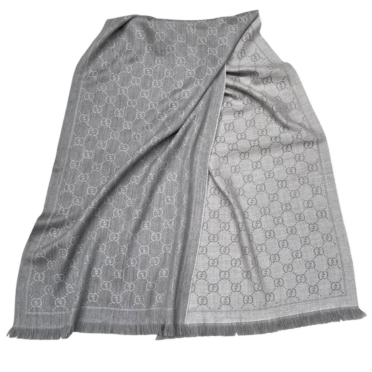 Gucci Grey GG Monogram Frayed Wool Scarf
