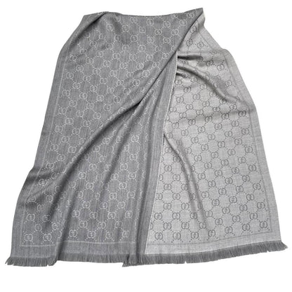 Gucci Grey GG Monogram Frayed Wool Scarf