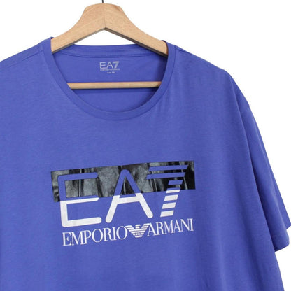 Armani purple short sleeve t-shirt with logo print and cotton material.