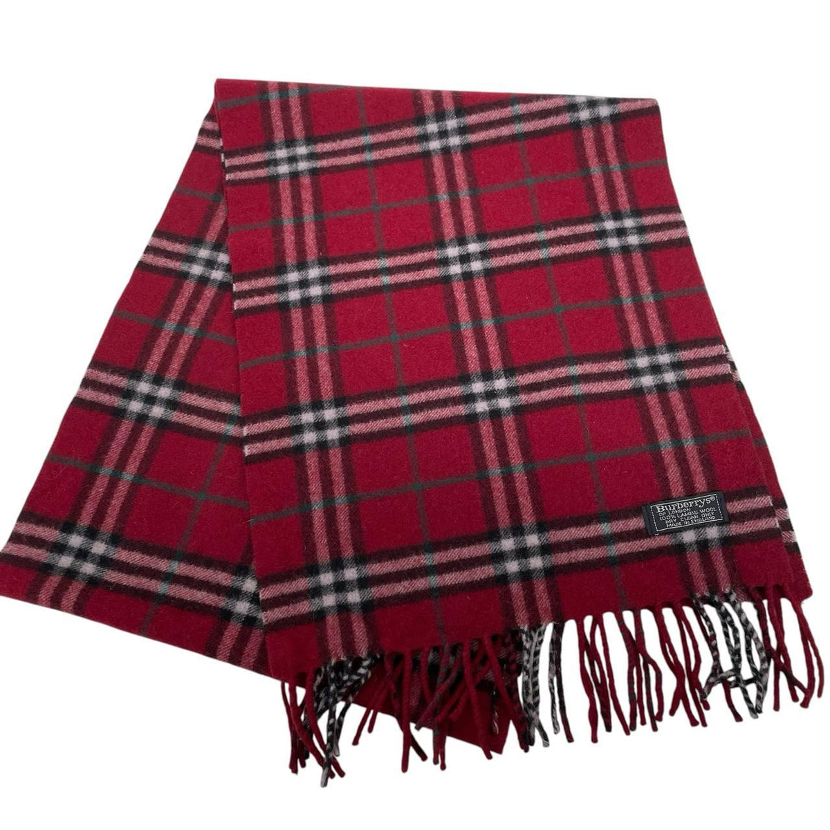 Burberry burgundy scarf featuring classic Nova Check pattern in soft lambswool.