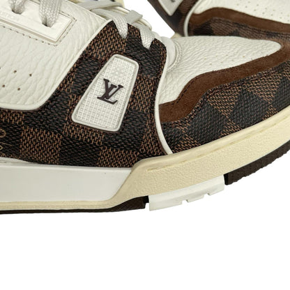 Louis Vuitton trainers white and moka brown Damier Ebene leather with logo detail.