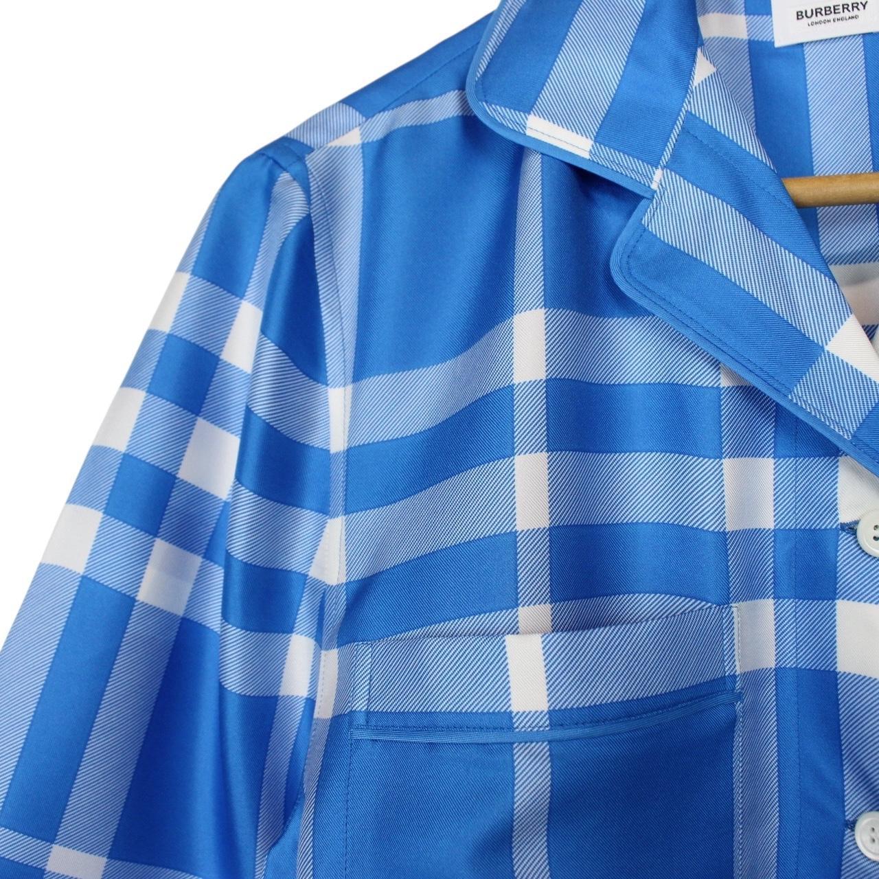 Burberry Blue and White Tierney Nova Check Short Sleeve Silk Shirt