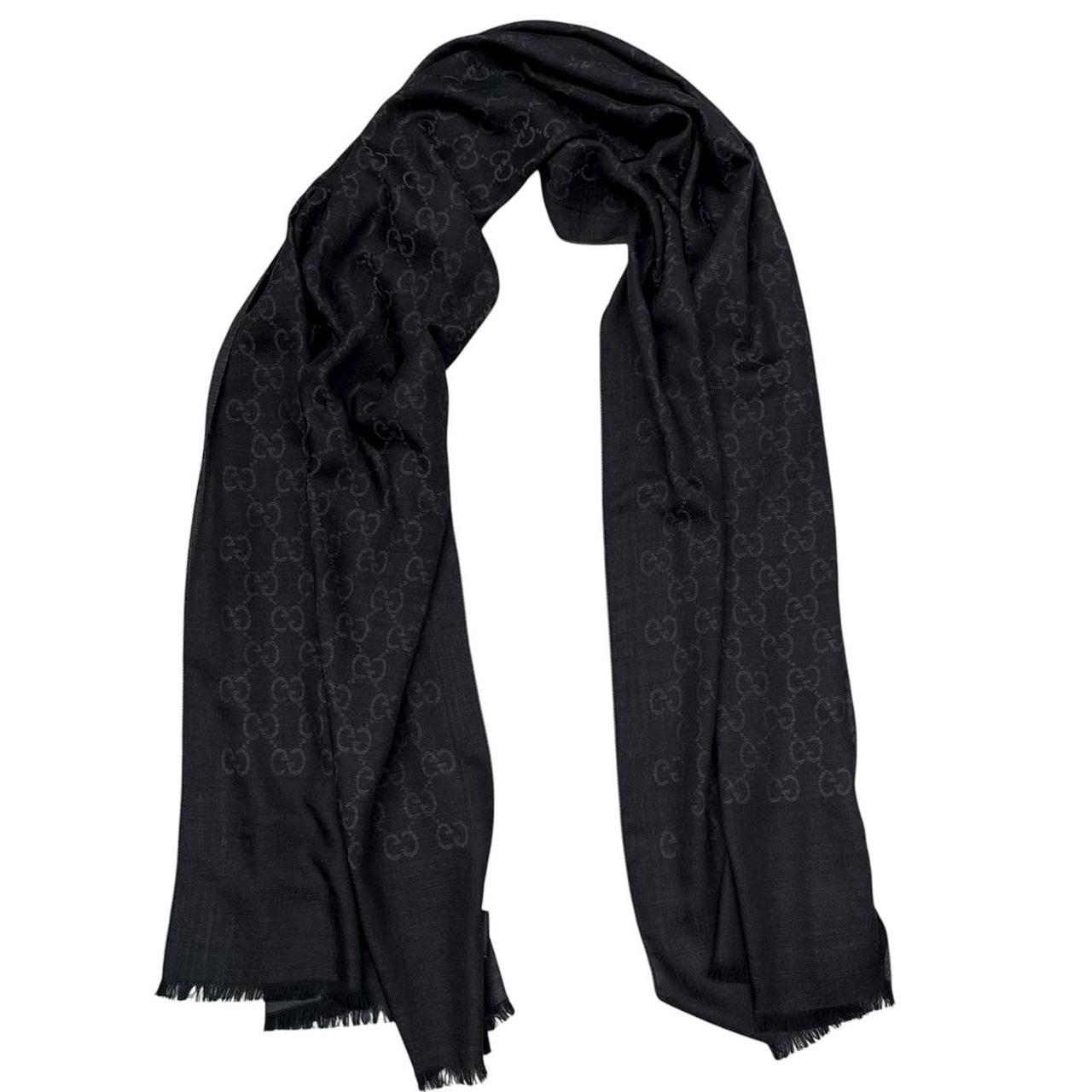 Gucci Black and Grey GG Monogram Frayed Wool Shawl Scarf