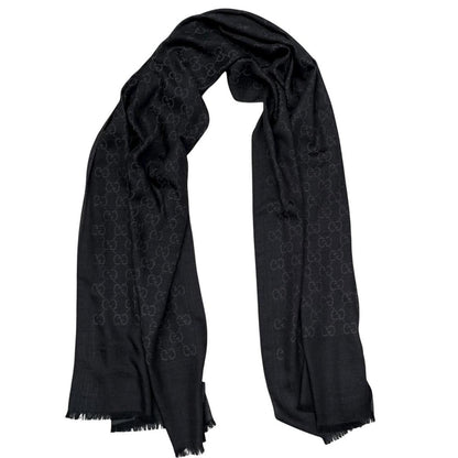Gucci Black and Grey GG Monogram Frayed Wool Shawl Scarf