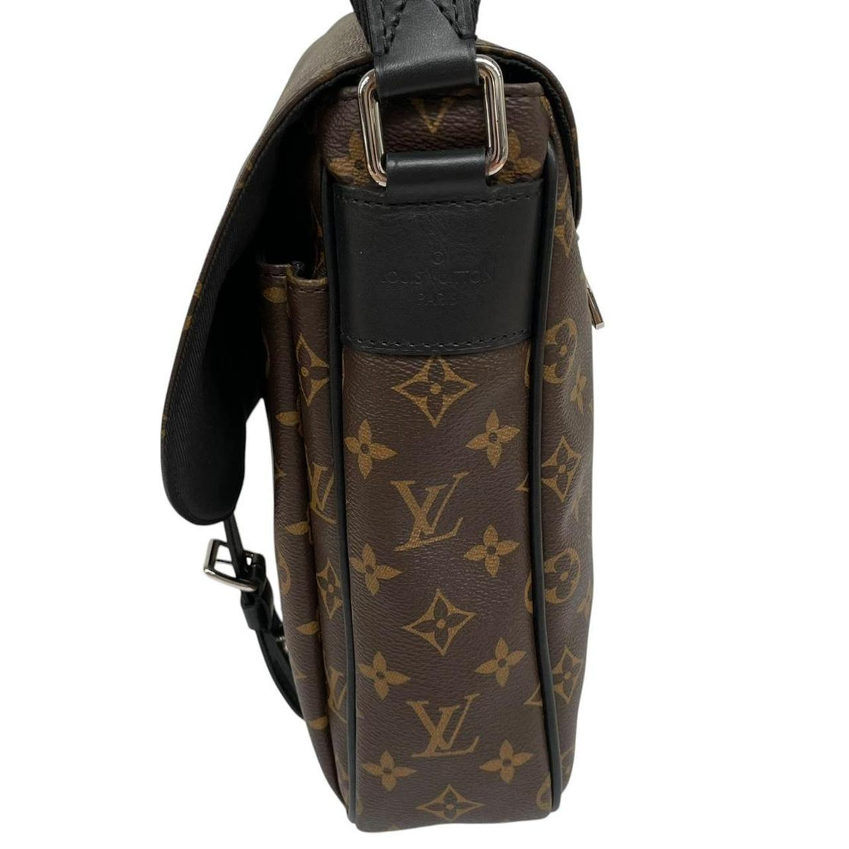 Louis Vuitton brown canvas messenger bag with monogram pattern and silver hardware.