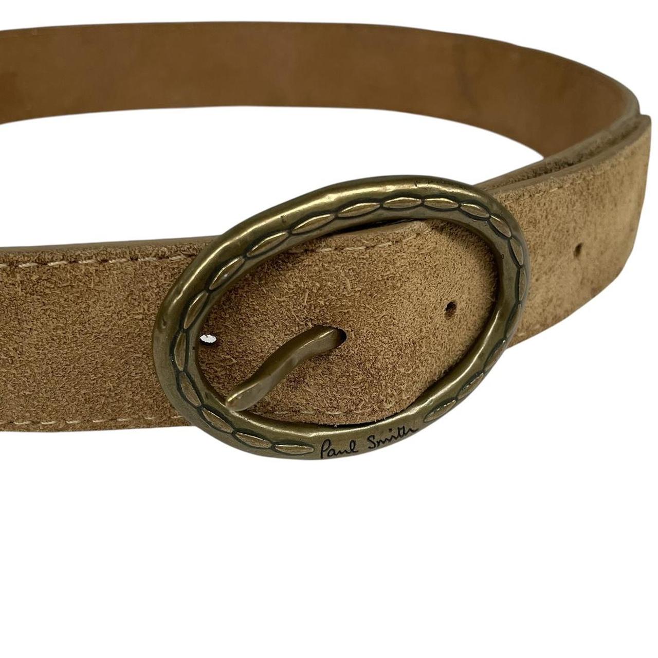 Paul Smith tan brown suede belt with brass buckle and visible wear marks.