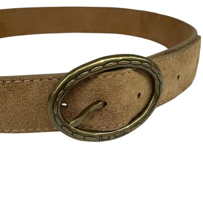 Paul Smith tan brown suede belt with brass buckle and visible wear marks.