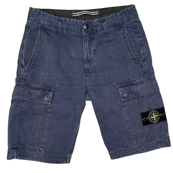Stone Island navy blue cargo shorts with iconic compass logo and cotton material.