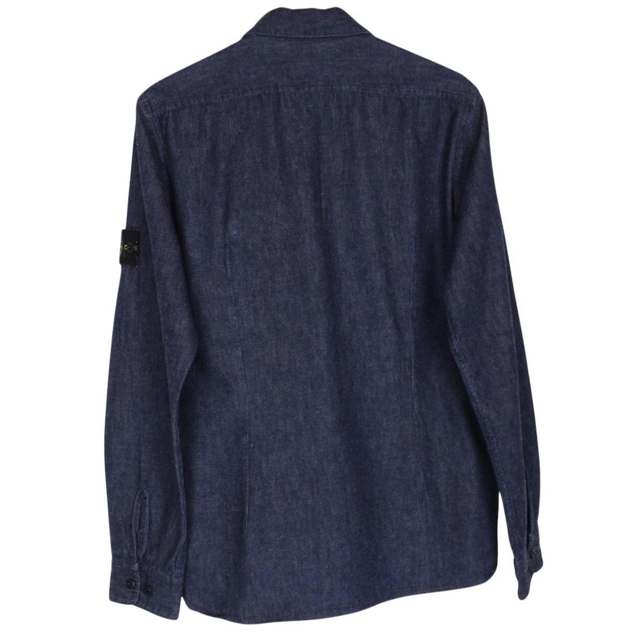 Stone Island navy blue denim overshirt with logo patch and button-up front.