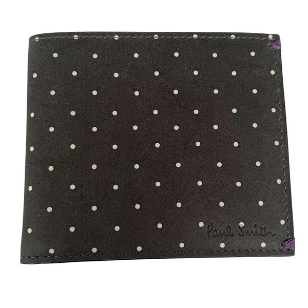 Paul Smith grey leather bifold wallet with polka dot pattern and embossed logo.