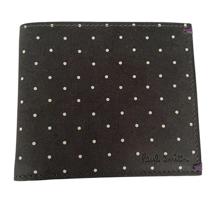 Paul Smith grey leather bifold wallet with polka dot pattern and embossed logo.