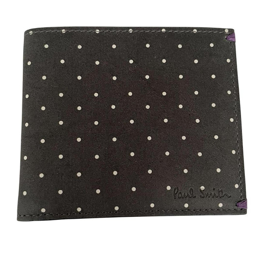 Paul Smith grey leather bifold wallet with polka dot pattern and embossed logo.