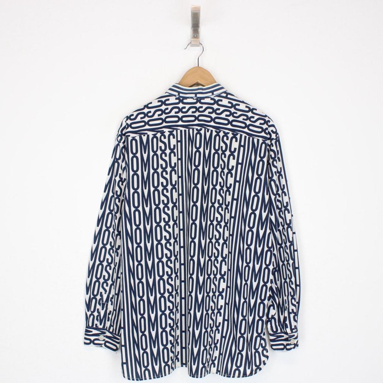Vintage 90s Moschino Navy Blue and White All Over Logo Long Sleeve Shirt