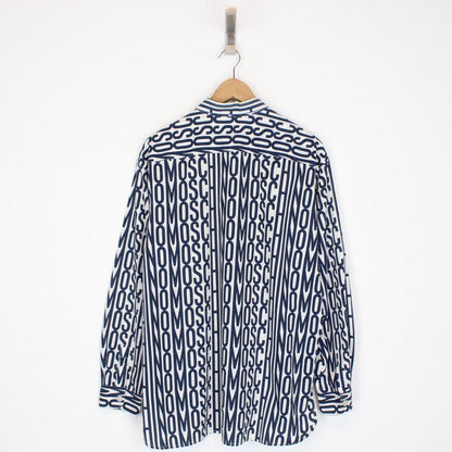 Vintage 90s Moschino Navy Blue and White All Over Logo Long Sleeve Shirt