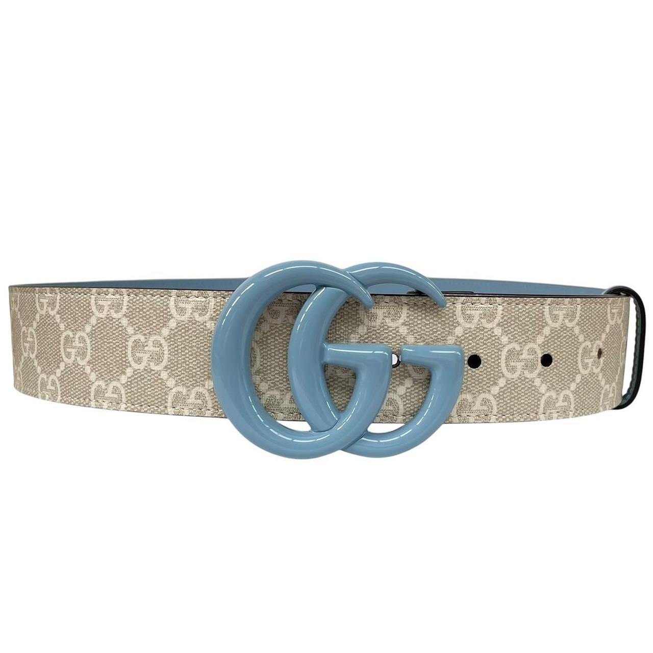 Gucci Beige and Light Blue GG Monogram Marmont Wide Leather Belt
