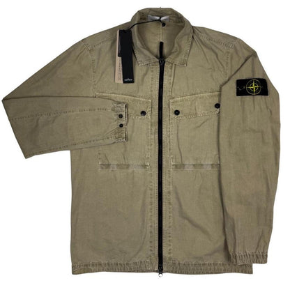 Stone Island khaki brown full zip cotton overshirt with logo patch and tag attached.