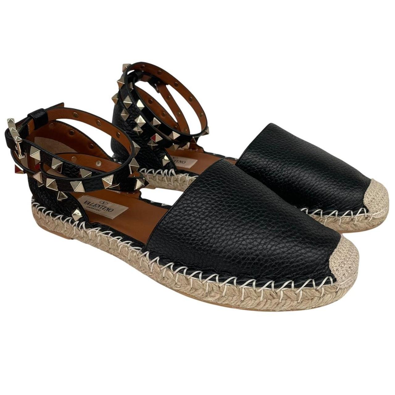 Valentino Garavani Rockstud Black and Brown Leather Espadrille Flat