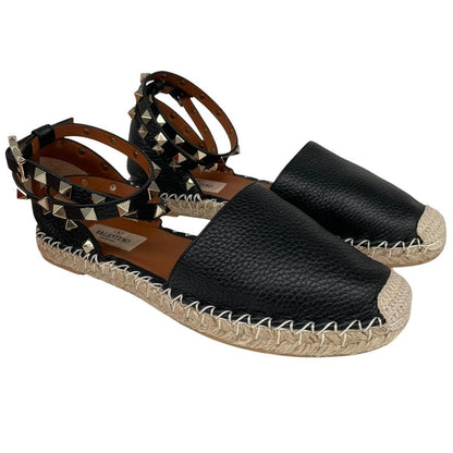 Valentino Garavani Rockstud Black and Brown Leather Espadrille Flat