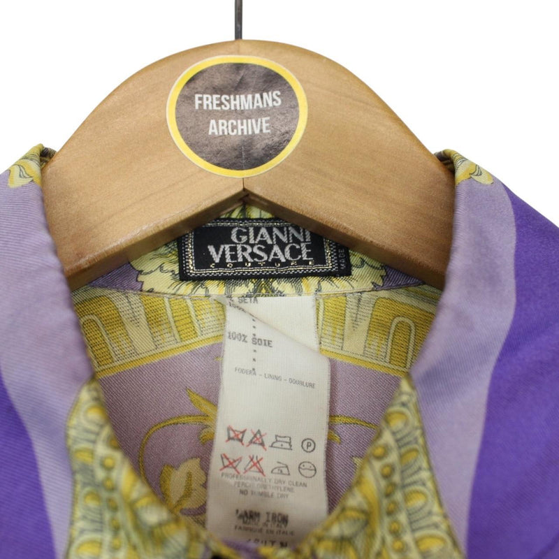 Vintage 90s Gianni Versace Purple and Gold Long Sleeve Baroque Silk Shirt